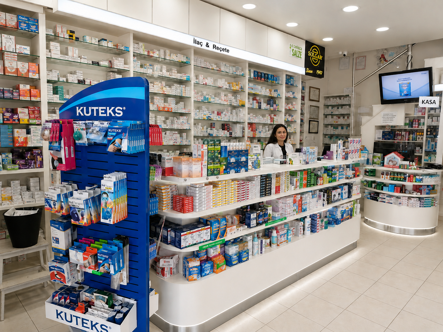 Modern pharmacy dispensing counter with pharmacist, retail display shelves and illuminated medicine cabinets
