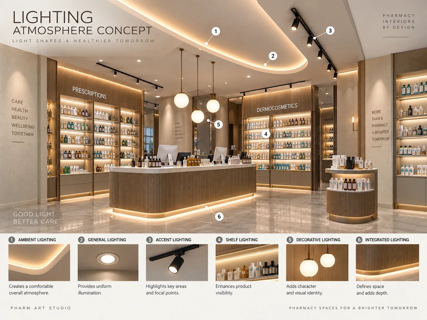 Pharmacy lighting design showing ambient, general, accent, shelf, decorative and integrated lighting