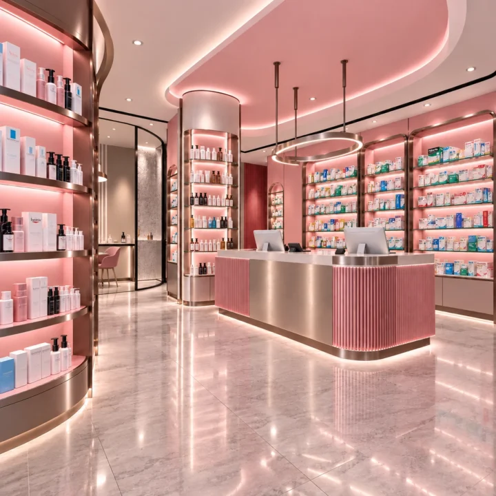 Luxury pink pharmacy interior design with illuminated curved counter and product displays