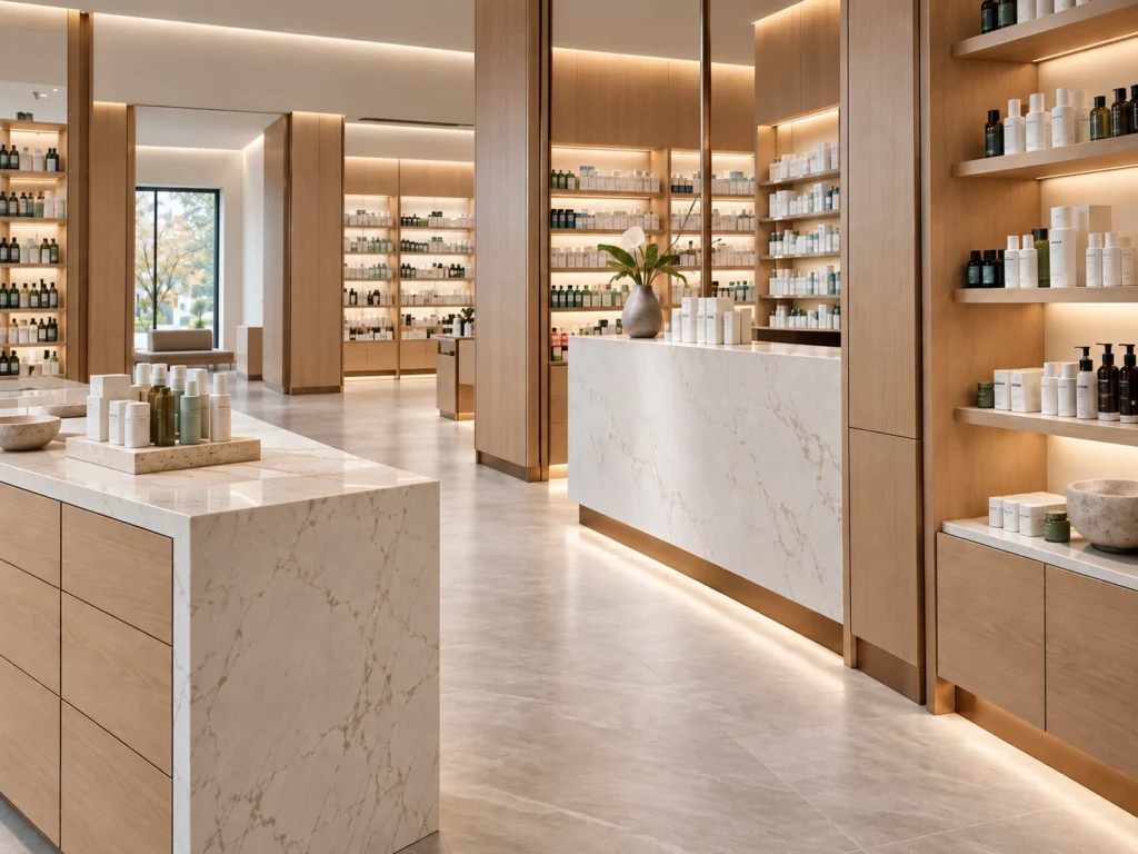 Modern pharmacy interior with wood, marble, bronze details and refined material combinations