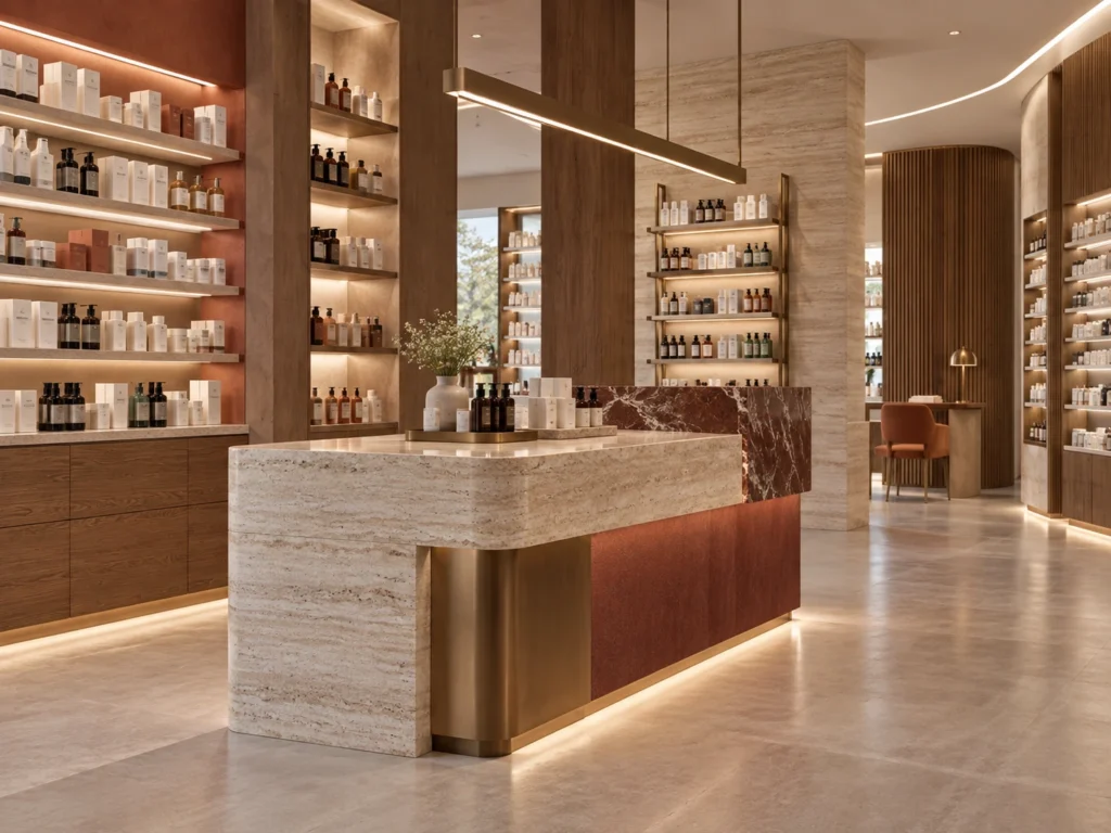 Contemporary pharmacy interior combining travertine, warm wood, bronze metal and red marble accents
