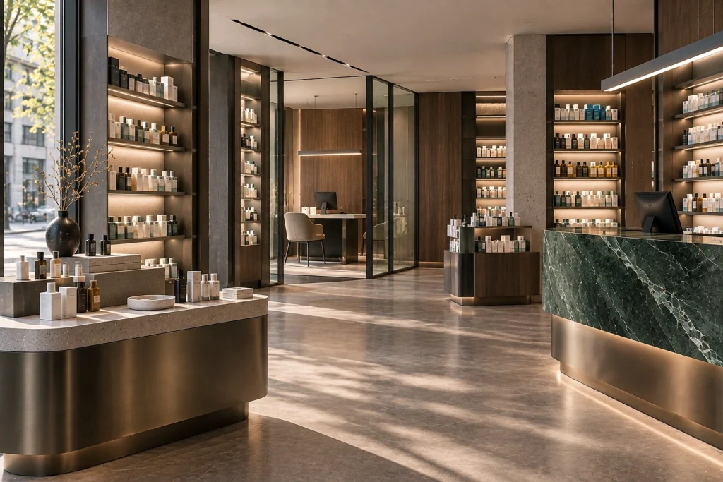 Premium pharmacy interior design with emerald marble counter, warm wood shelving and integrated lighting by Pharm Art Studio
