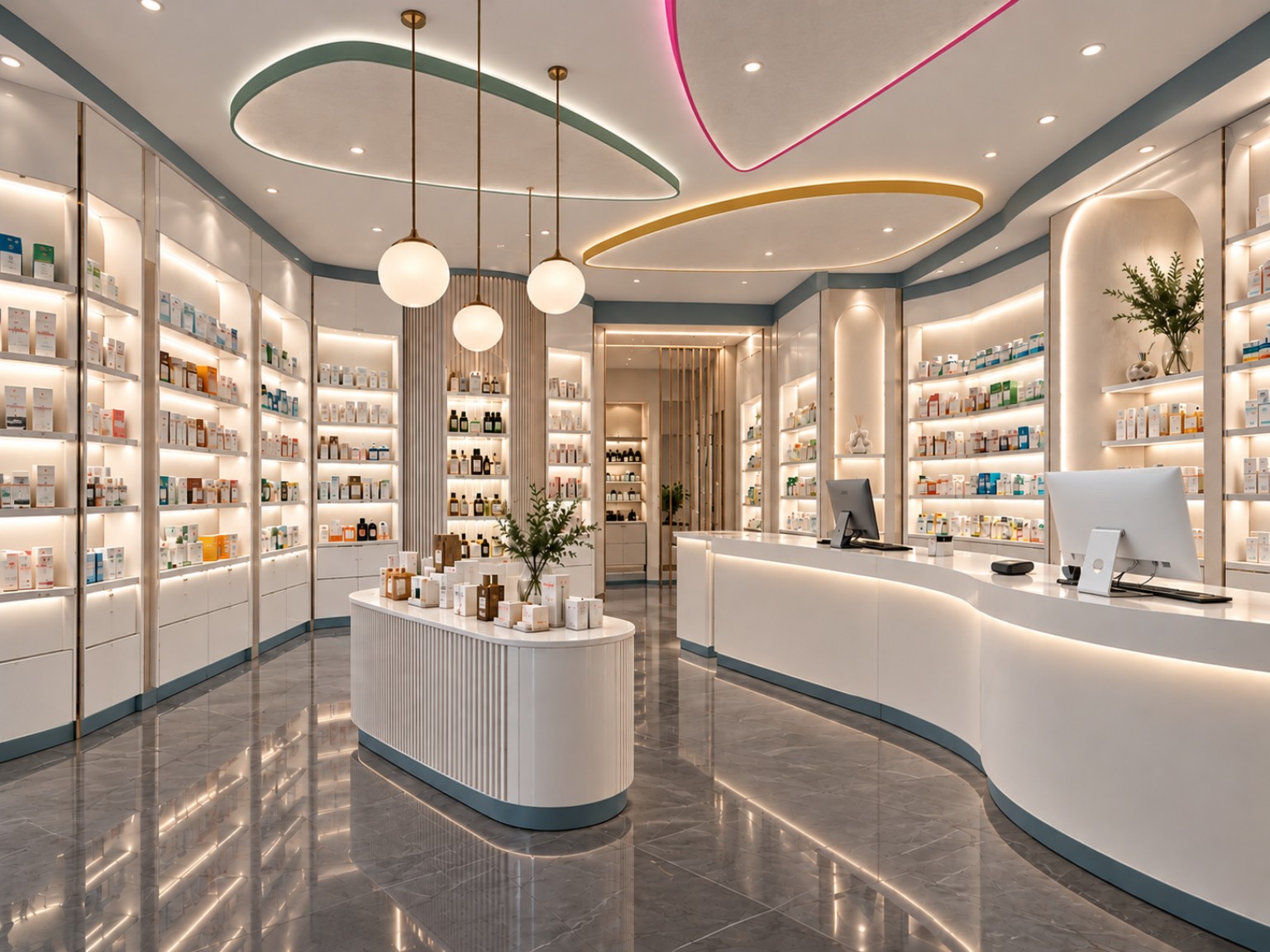 Contemporary pharmacy interior with sculptural organic ceiling, curved dispensing counter and integrated lighting by Pharm Art Studio