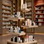 Freestanding dermocosmetics display stand with staggered ivory shelves, bronze-toned supports and integrated lighting showcasing skincare products.
