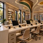 Staff-side view of a pharmacy dispensing counter with three computer workstations, drawers, open storage and illuminated medicine shelves.