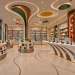 Luxury pharmacy interior with a sculptural ribbed counter, flowing ceiling forms and illuminated product displays.
