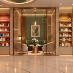 Pharmacy consultation lounge with green and cream armchairs, a round table and bronze-toned screens, flanked by illuminated product shelves.