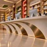 Sculptural pharmacy counter with curved ivory ribs, brushed metallic panels and three workstations, backed by illuminated display shelves.