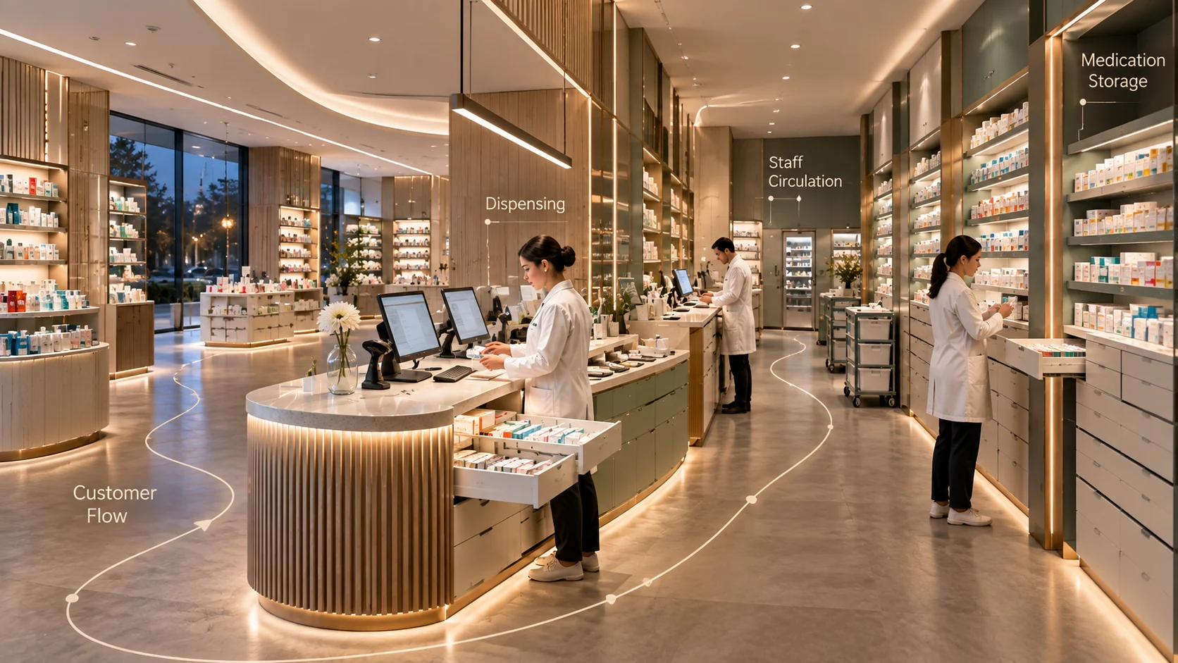 Pharmacy dispensing area showing staff circulation, medication storage and customer flow