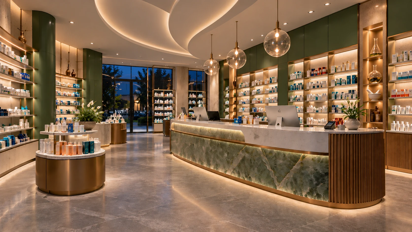 Luxury pharmacy interior with layered lighting, premium materials and illuminated product displays