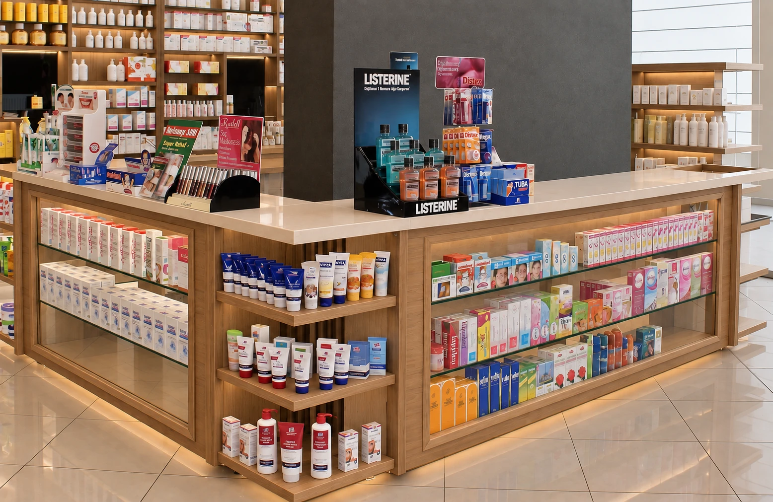 Safir Pharmacy custom dermocosmetics display counter with integrated lighting