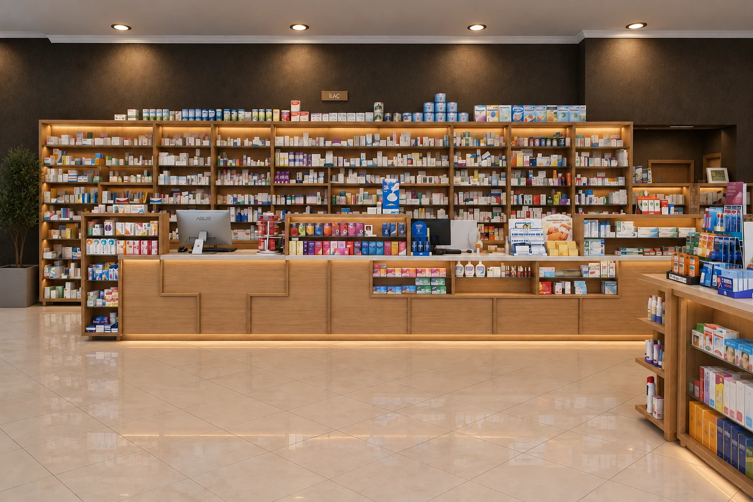 Safir Pharmacy interior front view with custom dispensing counter and illuminated shelving