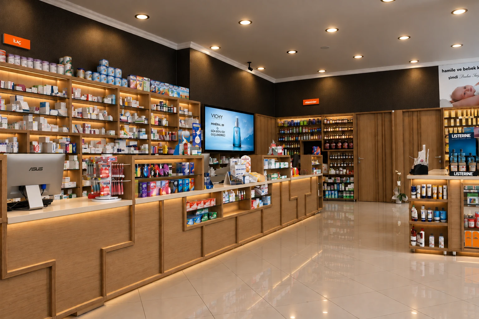 Safir Pharmacy interior design with warm lighting and custom retail display shelving